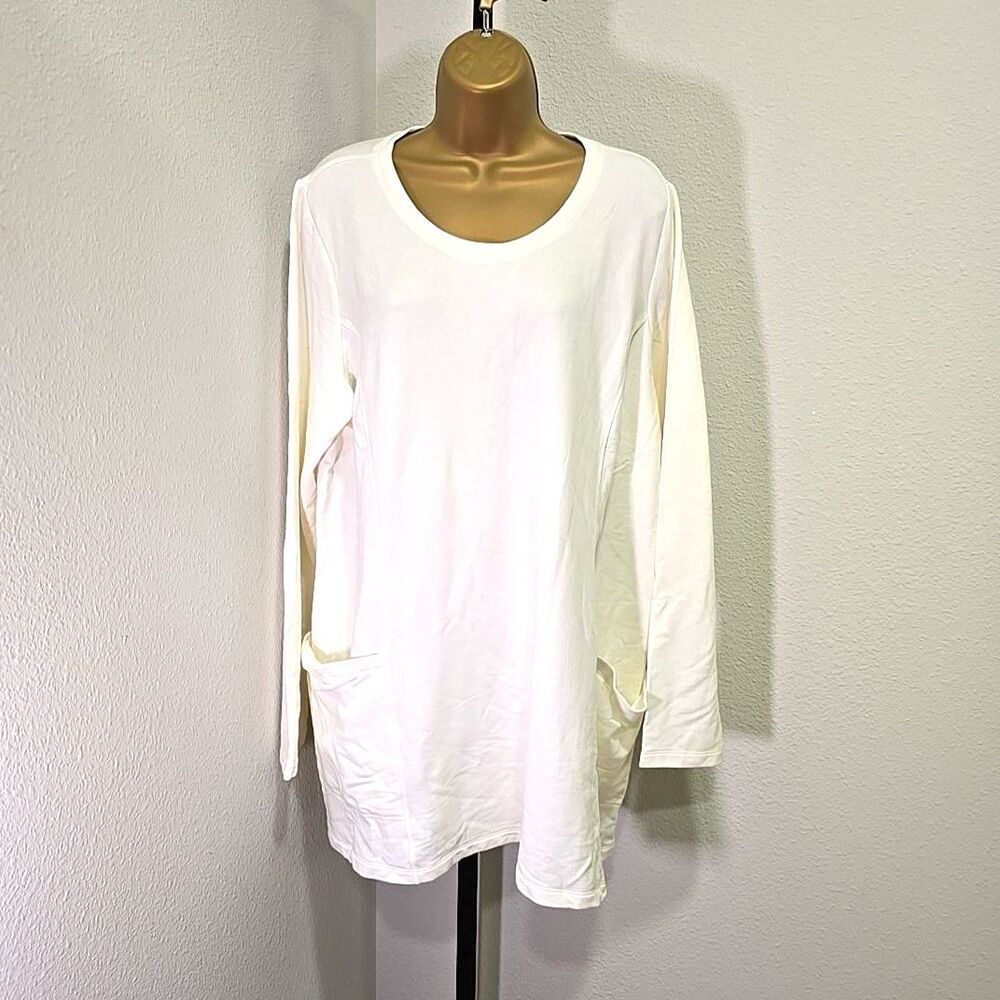Susan Graver Weekend Ivory Top XL Pockets French Terry Minimalist Coastal Comfy